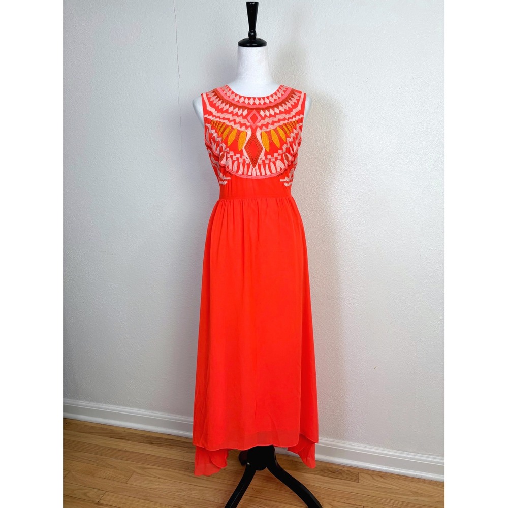 Giani Bini Boho Neon Orange Embroidered Sleeveless Maxi Dress Size 4 Party Y2K